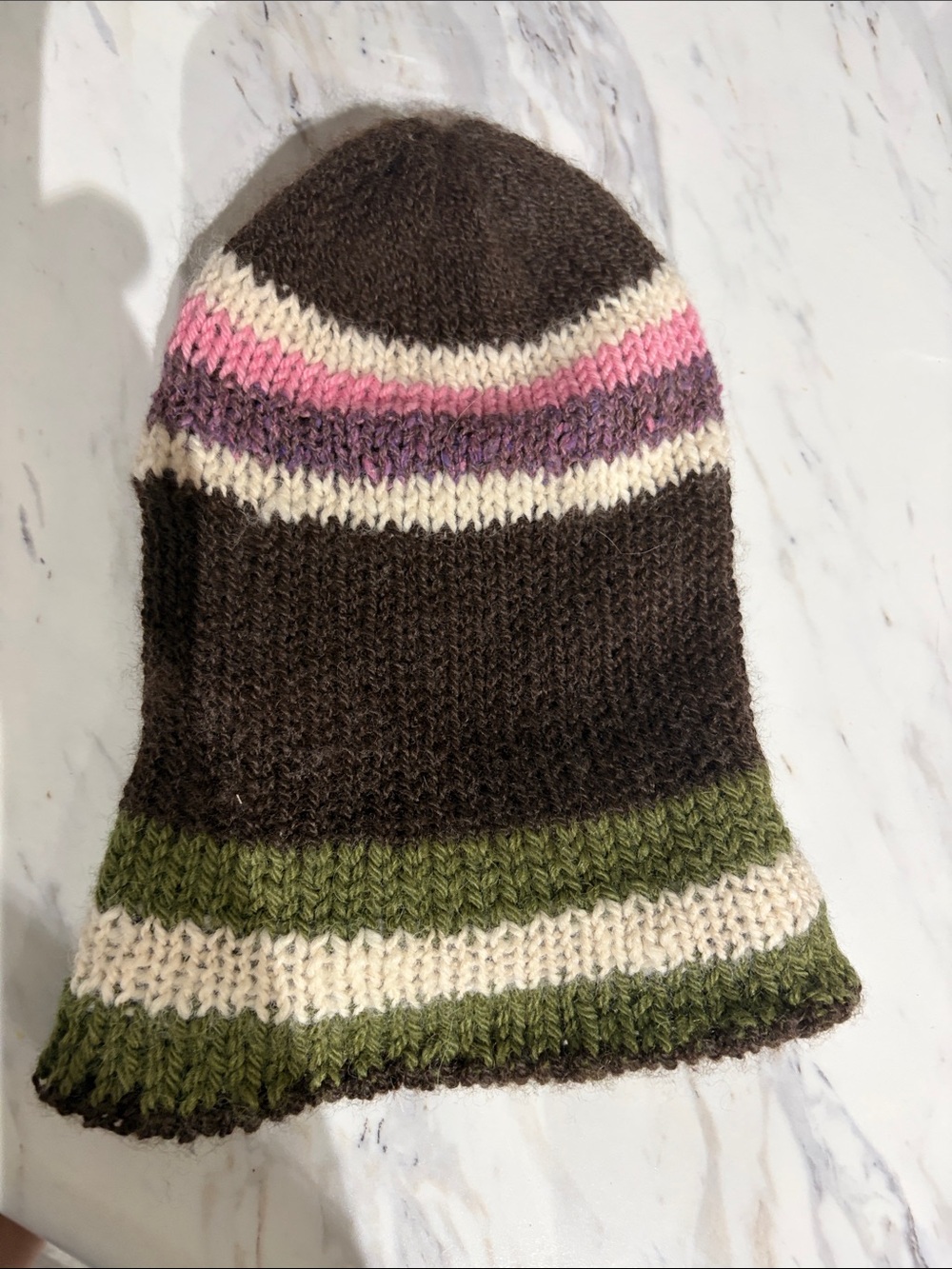 Handmade Striped Knit Beanie — Brown with Pink, Purple & Green Stripes